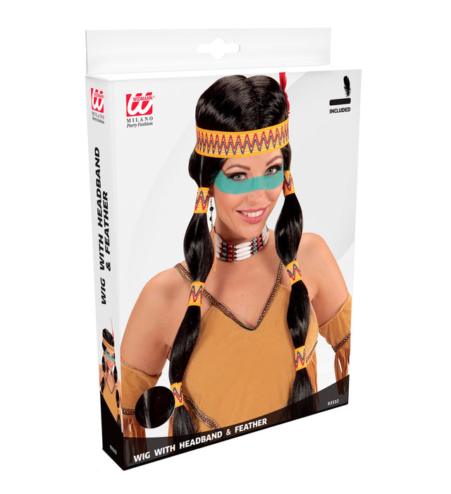 Perücke Squaw Indianerin mit Stirnband und Feder | Schwarz