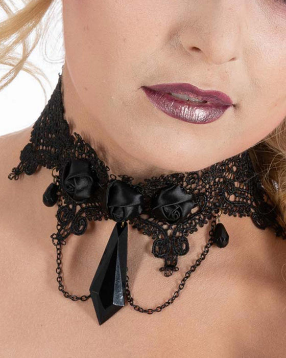 Gothik Halsband "Black Roses and Pearls" | Schwarz - Choker Halskette Schmuck Halloween Kostüm