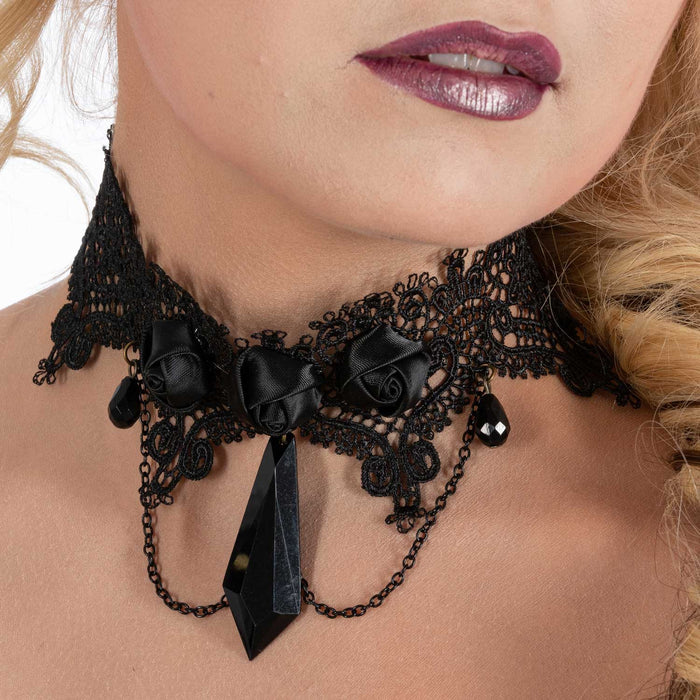 Gothik Halsband "Black Roses and Pearls" | Schwarz - Choker Halskette Schmuck Halloween Kostüm
