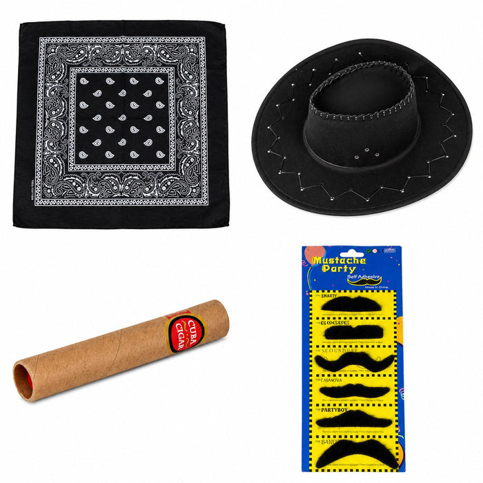 Cowboy Kostümset für Erwachsene 9-tlg. - Schwarz | Cowboyhut Halstuch Bärte