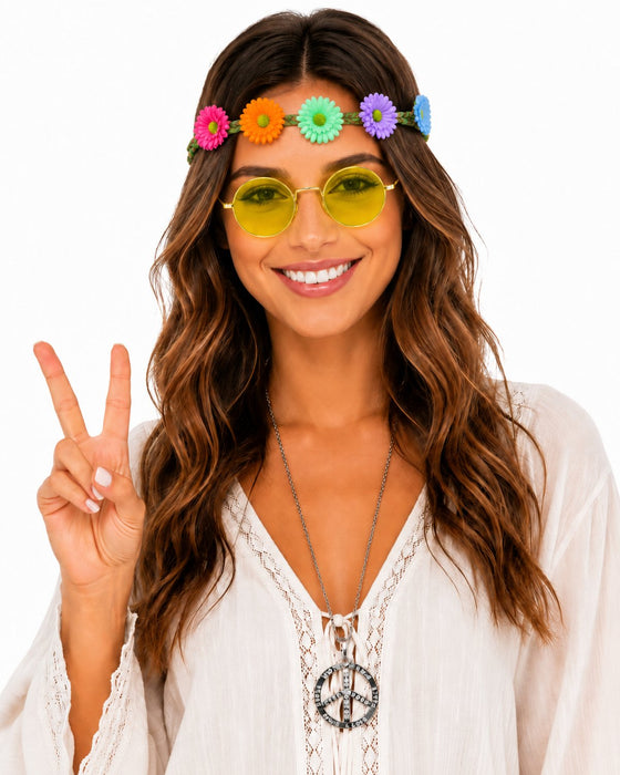 Hippie Set 3-tlg. - Margeriten Haarband, Peace Kette und Lennon Brille | Gelb