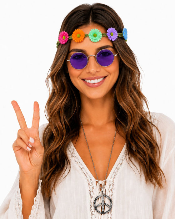 Hippie Set 3-tlg. - Margeriten Haarband, Peace Kette und Lennon Brille | Lila