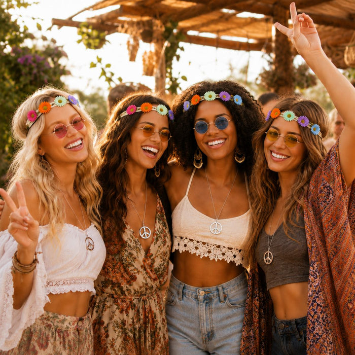 Hippie Set 3-tlg. - Margeriten Haarband Peace Kette Lennon Brille | Blau