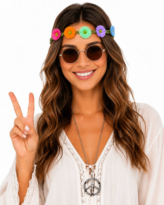 Hippie Set 3-tlg. - Margeriten Haarband, Peace Kette Lennon Brille | Braun