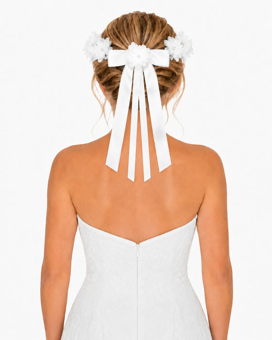 Braut Haarkranz Kisha mit Bändern und Blüten - Weiß