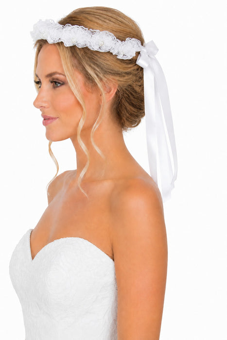 Braut Haarkranz Manya mit Bändern Spitze und Strass - Weiß