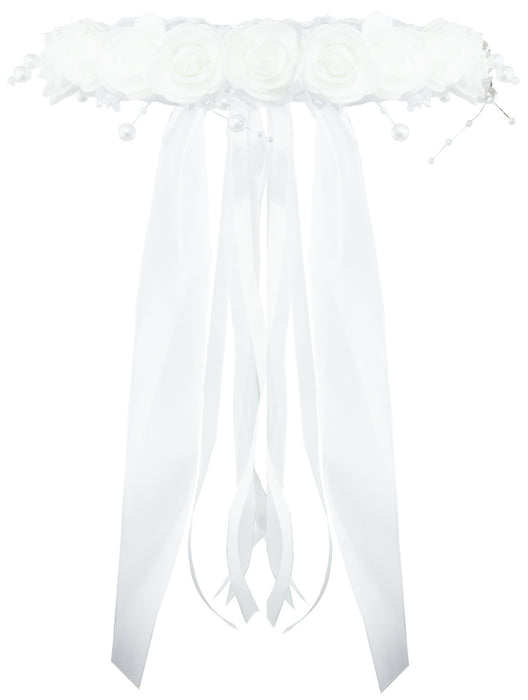 Braut Haarkranz Priska mit Bändern Rosen und Perlen - Weiß