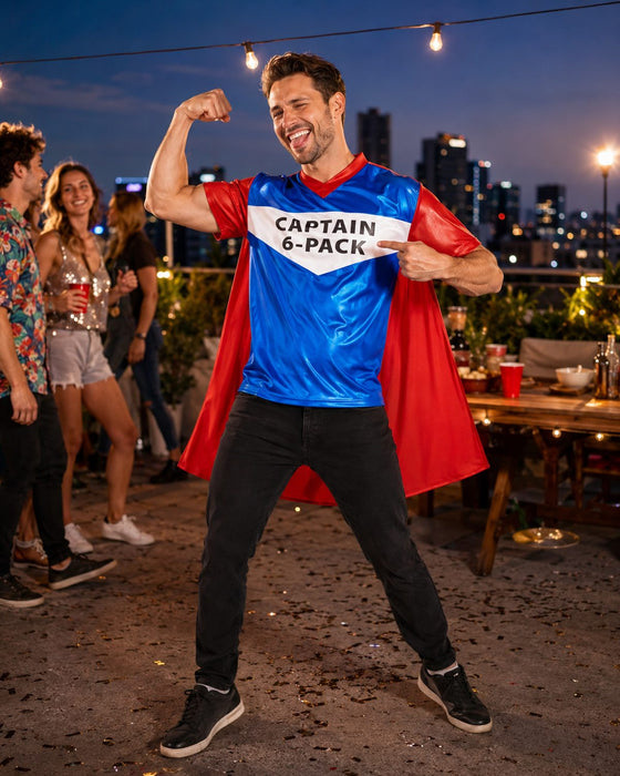 Captain 6-Pack Superheld Kostüm Shirt mit Cape für Herren
