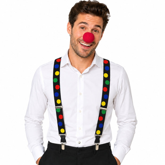 Clown Kostümset "Polka Dot" | Schwarz Bunt - Hosenträger Clownsnase