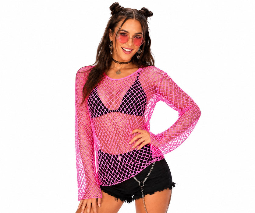 Neon Netzshirt Damen | Pink  -  80er Rave Disco Festival Kostüm