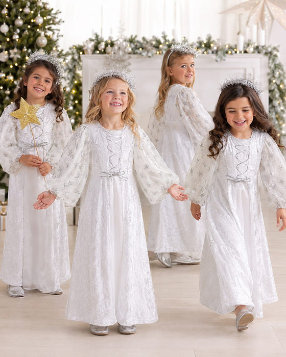 Kinder Engelskostüm "Lea" mit Sternen - Weiß Silber | Christkind Kleid Weihnachten
