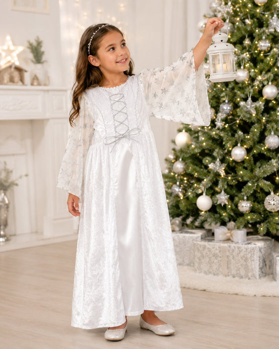 Kinder Engelskostüm "Lea" mit Sternen - Weiß Silber | Christkind Kleid Weihnachten