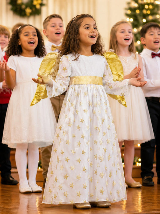 Kinder Engelskostüm "Sternen Engel" mit Flügeln - Samtkleid Weiß Gold