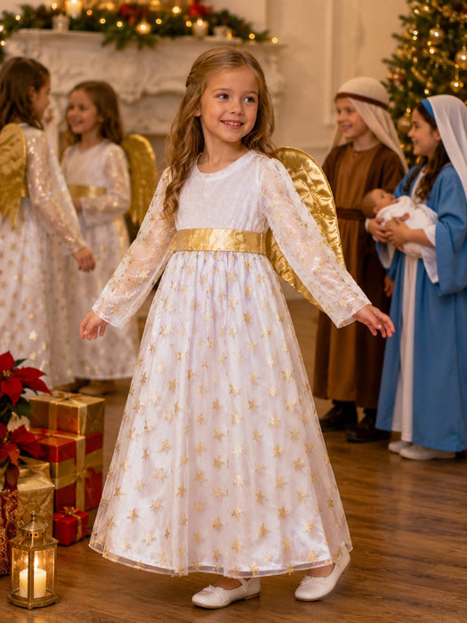 Kinder Engelskostüm "Sternen Engel" mit Flügeln - Samtkleid Weiß Gold