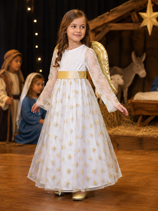 Kinder Engelskostüm "Sternen Engel" mit Flügeln - Samtkleid Weiß Gold