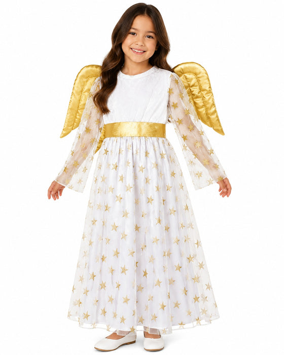 Kinder Engelskostüm "Sternen Engel" mit Flügeln - Samtkleid Weiß Gold