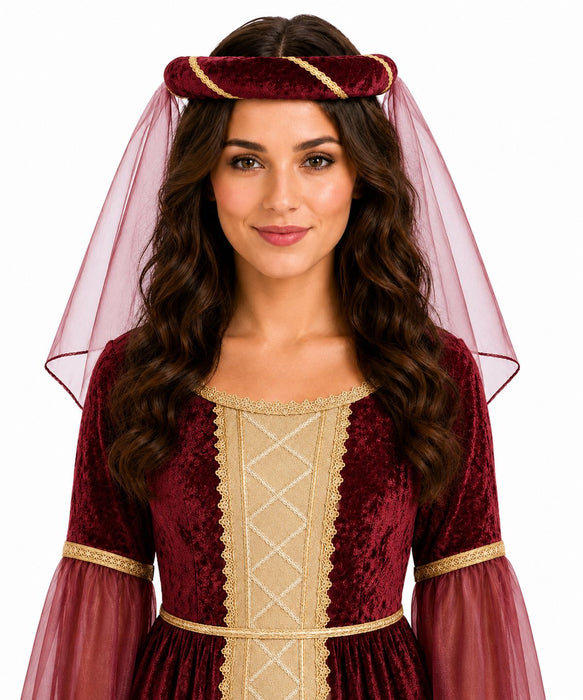 Mittelalter Haarband „Helena“ für Damen | Burgunderrot Gold mit Schleier