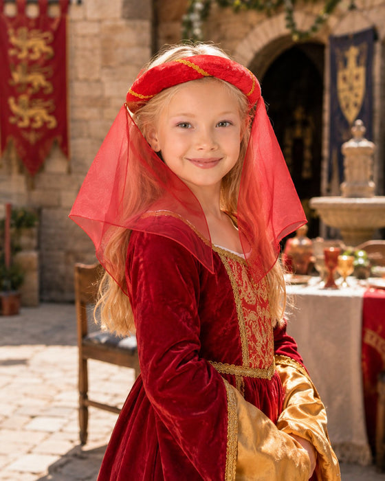 Mittelalter Haarband „Helena“ für Mädchen | Rot-Gold mit Schleier