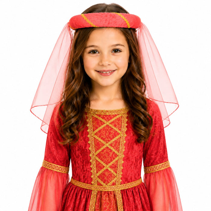 Mittelalter Haarband „Helena“ für Mädchen | Rot-Gold mit Schleier