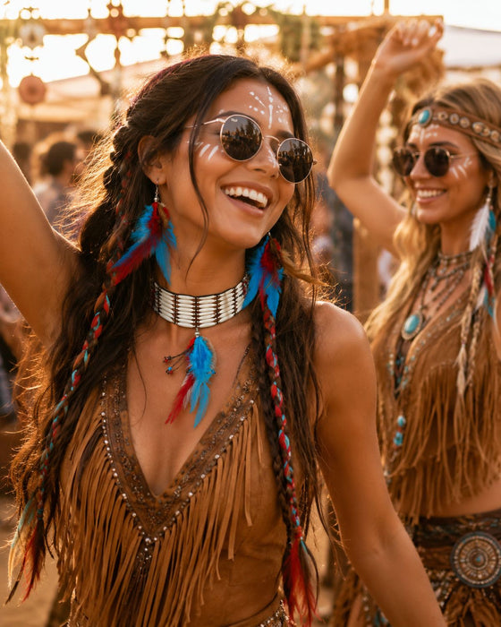 Hippie Federschmuck Set 3-tlg. | Halskette mit Federn & Ohrringe | Boho Schmuckset für Hippie Kostüm, Festival & 70er Jahre Party