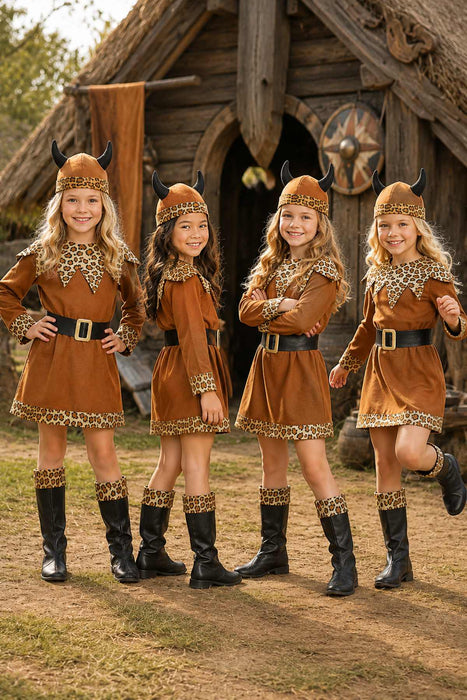 Wikinger Barbarin Kostüm Mädchen | Kleid mit Helm, Gürtel & Stiefelüberziehern