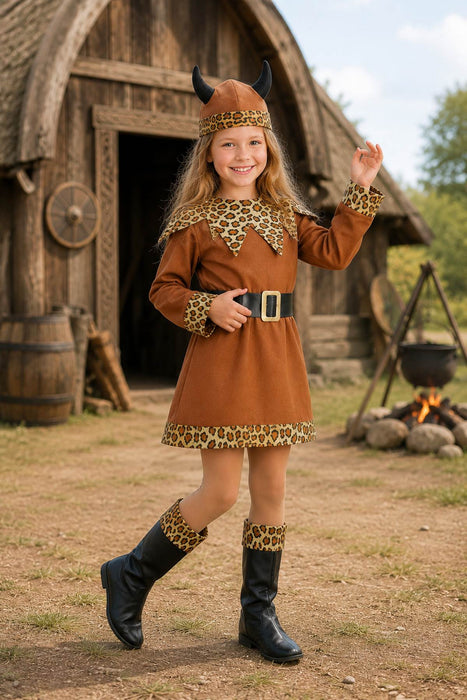 Wikinger Barbarin Kostüm Mädchen | Kleid mit Helm, Gürtel & Stiefelüberziehern