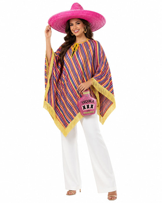 Hochwertiges Mexiko Kostüm Set für Damen | Pink | 3-teilig mit Poncho, Sombrero & Tequila Handtasche | Fiesta & Mottoparty
