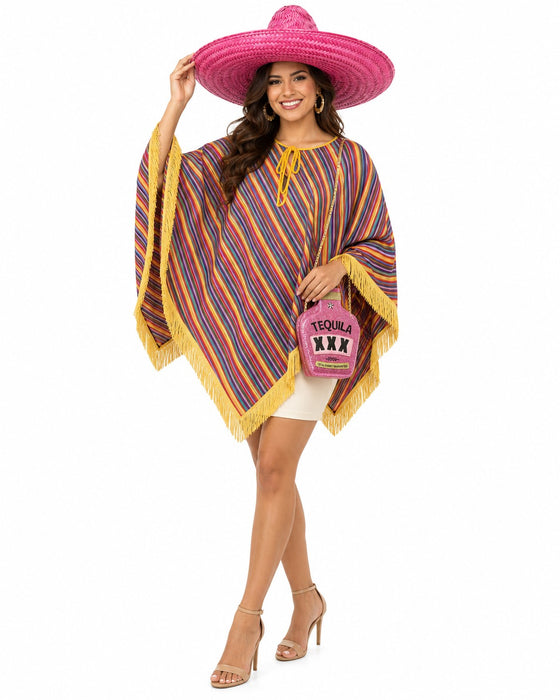 Hochwertiges Mexiko Kostüm Set für Damen | Pink | 3-teilig mit Poncho, Sombrero & Tequila Handtasche | Fiesta & Mottoparty