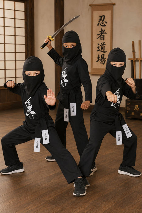 Ninja Kostüm Kinder 4-tlg.  Samurai Verkleidung Schwarz