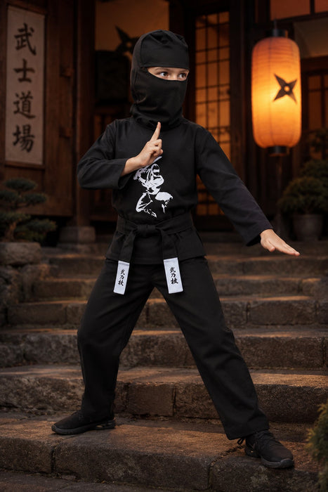 Ninja Kostüm Kinder 4-tlg.  Samurai Verkleidung Schwarz