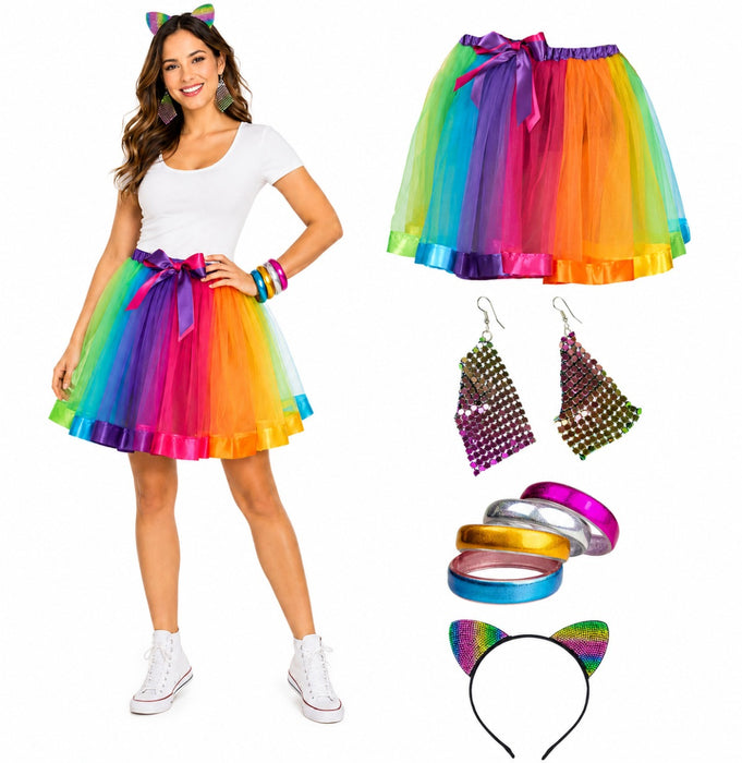 Regenbogen Disco Set für Damen | 4-teilig mit Rock, Haarreif, Haarreifen & Ohrringen | Party & Mottoparty Kostüm 70er 80er