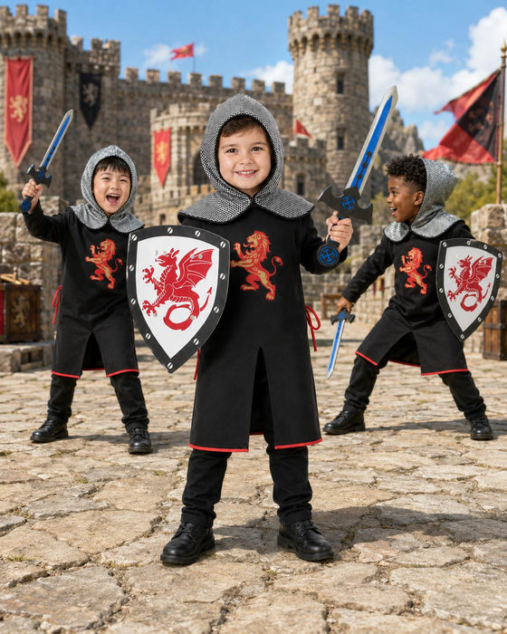 Ritter Set Löwe Kinder 4-tlg. – Tunika, Haube, Schild & Schwert 3–8 Jahre