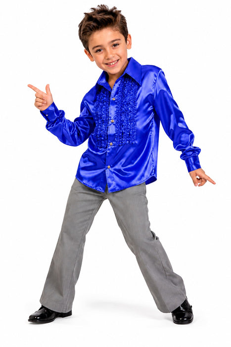 70er Jahre Satin Rüschenhemd "Johnny" für Kinder | Blau