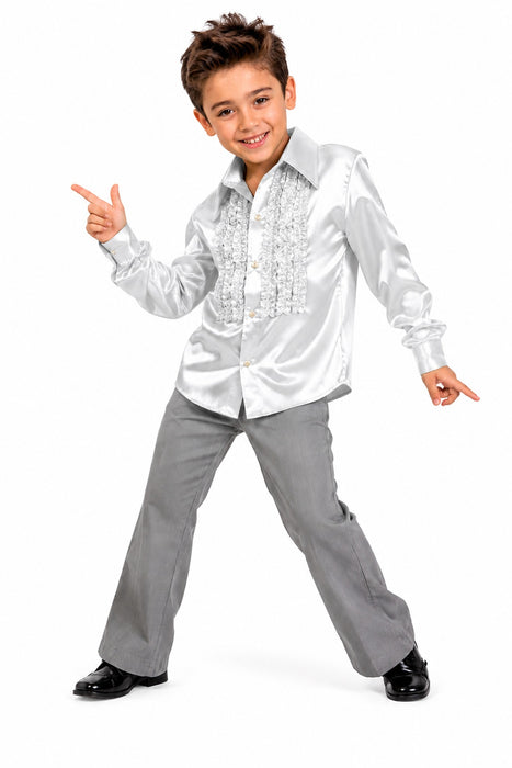 70er Jahre Satin Rüschenhemd "Johnny" für Kinder | Silber