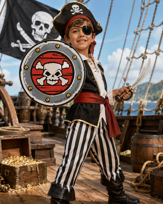 Schaumstoff Piraten Schild mit Totenkopf  Rundes Kostümschild Grau Rot 33 cm