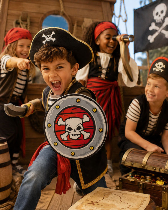 Schaumstoff Piraten Schild mit Totenkopf  Rundes Kostümschild Grau Rot 33 cm