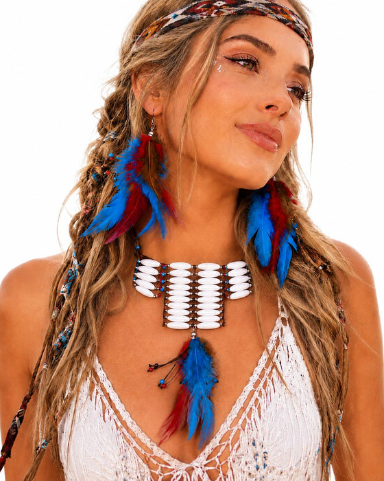 Hippie Federschmuck Set 3-tlg. | Halskette mit Federn & Ohrringe | Boho Schmuckset für Hippie Kostüm, Festival & 70er Jahre Party
