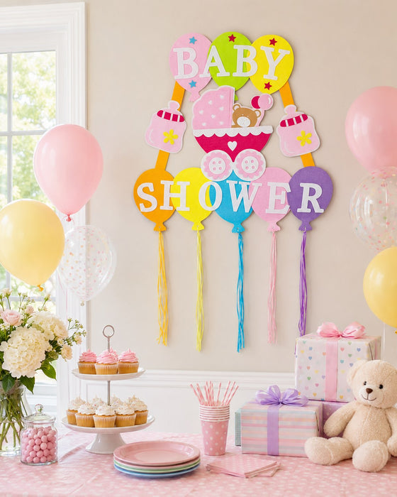 Baby Shower Party Dekoration - XL Wandbild mit Ballons 110 x 56 cm - Rosa