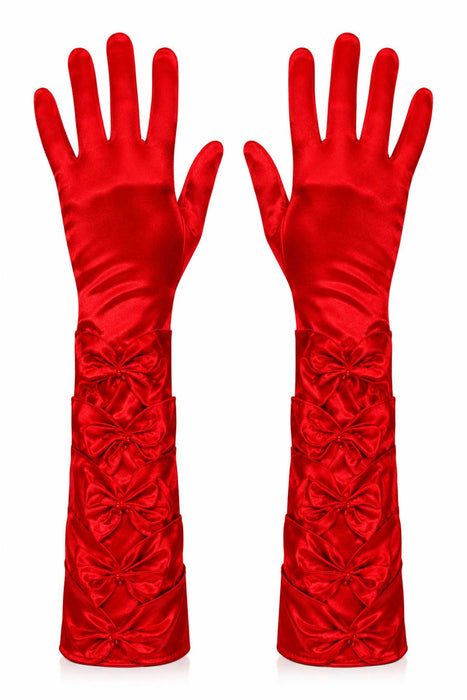 Damen Satin Handschuhe mit Schleifen und Perlen | Rot