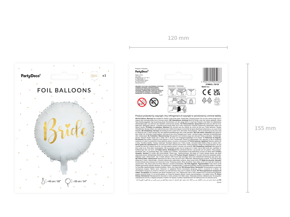 ABC18 Folienballon "Bride" Hochzeit | Ø 45 cm Weiß