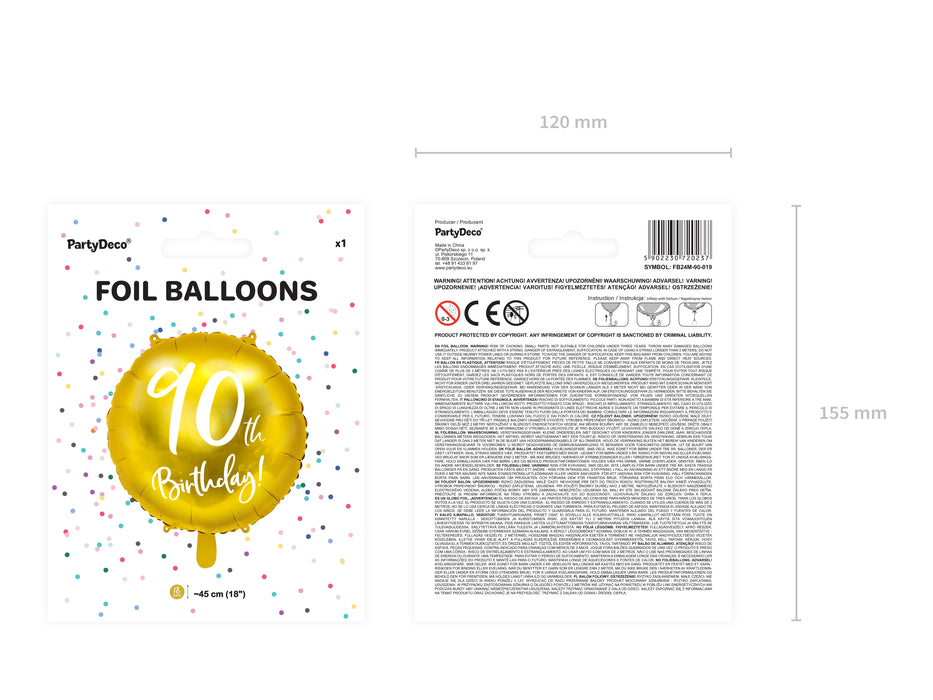 ABC18 Folienballon "90th Birthday" | Ø 45 cm Gold