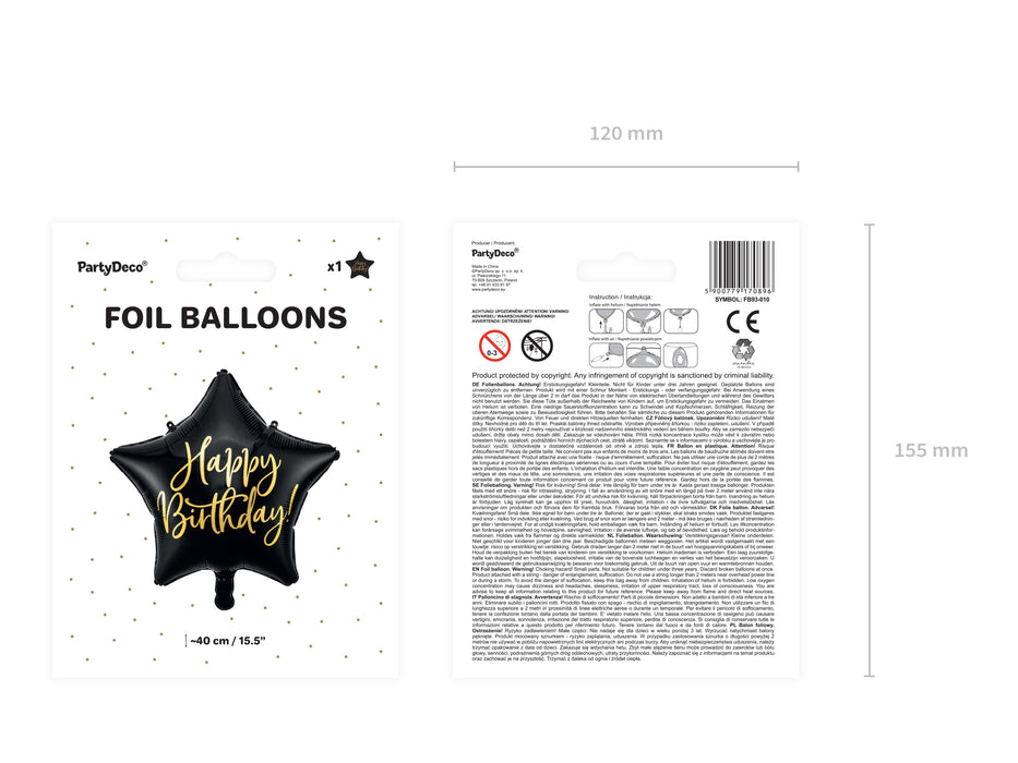 ABC18 Stern Folienballon "Happy Birthday" | Ø 44cm Schwarz