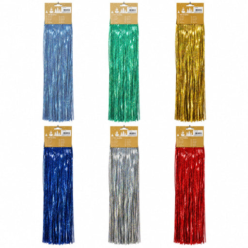 Sechs glitzernde Lametta-Vorhänge in Blau, Grün, Gold, Dunkelblau, Silber und Rot, jeweils verpackt.