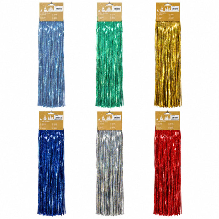 Sechs glitzernde Lametta-Vorhänge in Blau, Grün, Gold, Dunkelblau, Silber und Rot, jeweils verpackt.