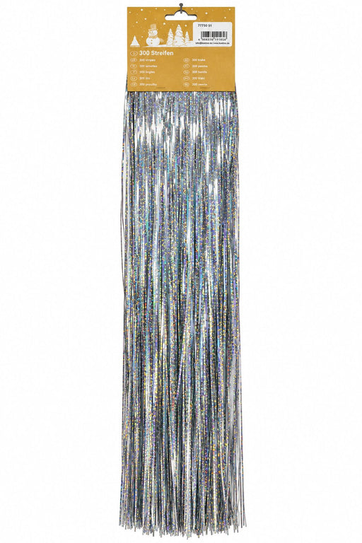 Verpackte silberne Lametta-Streifen mit holografischem Glitzereffekt, 300 Stück, als Weihnachtsdekoration.
