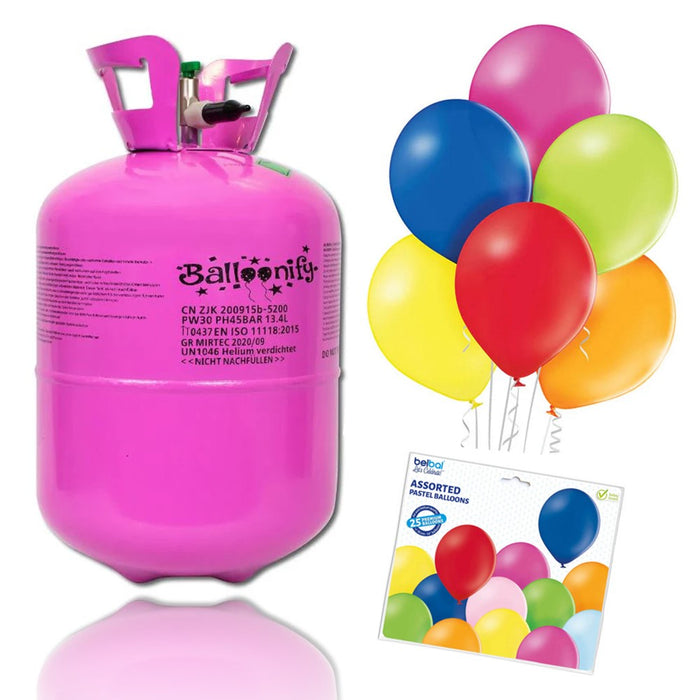 feiermeier Helium-Set Einwegflasche 0,40 m³  + 25 bunte Premium-Ballons (Ø 30 cm)