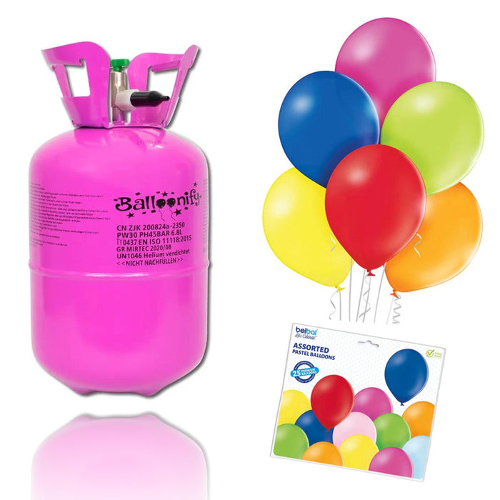 feiermeier Helium-Set Einwegflasche 0,20 m³ + 25 bunte Premium-Ballons (Ø 30 cm)