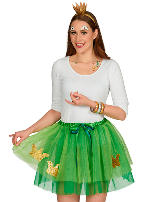 Froschkönig Kostüm Set für Damen | Grüner Tutu Petticoat Rock 45 cm mit goldener Krone | Märchen & Mottoparty Kostüm
