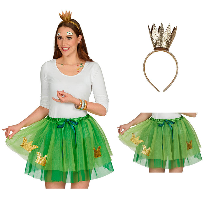 Froschkönig Kostüm Set für Damen | Grüner Tutu Petticoat Rock 45 cm mit goldener Krone | Märchen & Mottoparty Kostüm