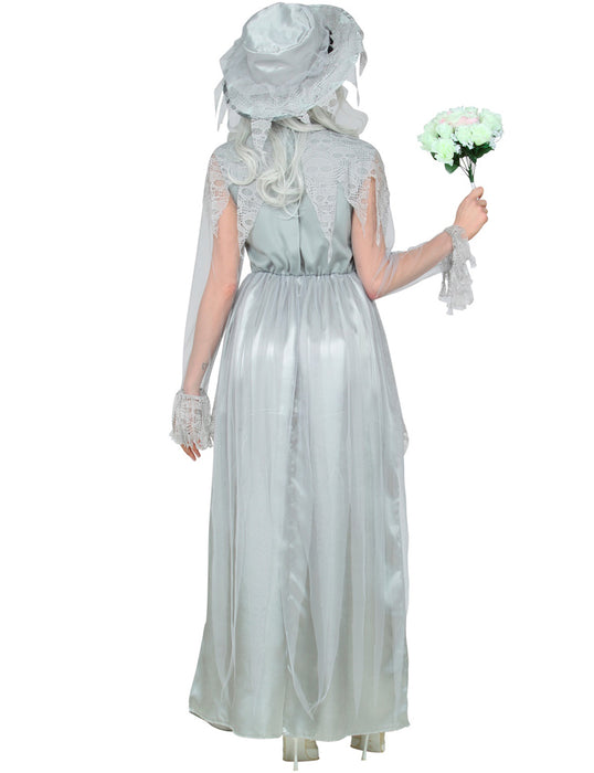 Halloween Kostüm "Geisterbraut" für Damen | Geister Hexen Kleid mit Hut - Grau